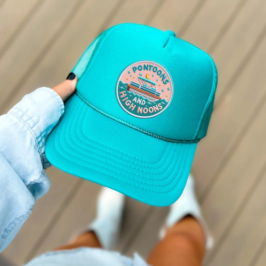Pontoons and High Noons Trucker Hat – Lake Hair, Don’t Care Vibes – Funny Summer Snapback – Boat Day Essential – Bachelorette Party Hat
