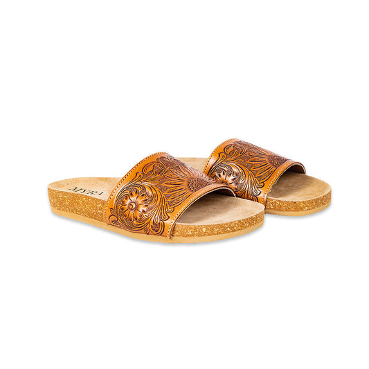 Myra Dottie Handtooled Leather Slide Sandals for Women â€“ Floral Western Tooling with Cork Sole for Casual Comfort
